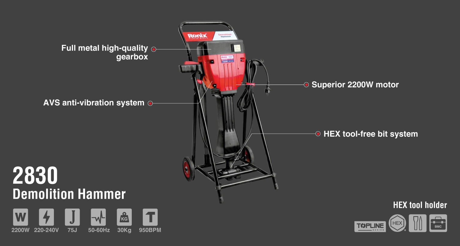 چکش تخریب برقی 30 کیلویی 75 ژول سری تاپ لاین کد 2830